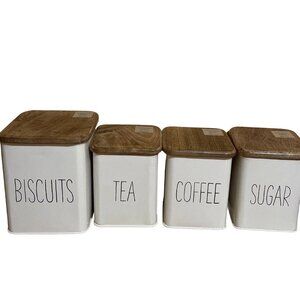 Canisters Sugar, Coffee,Tea and Biscuits metal‎ with wooden lids new!